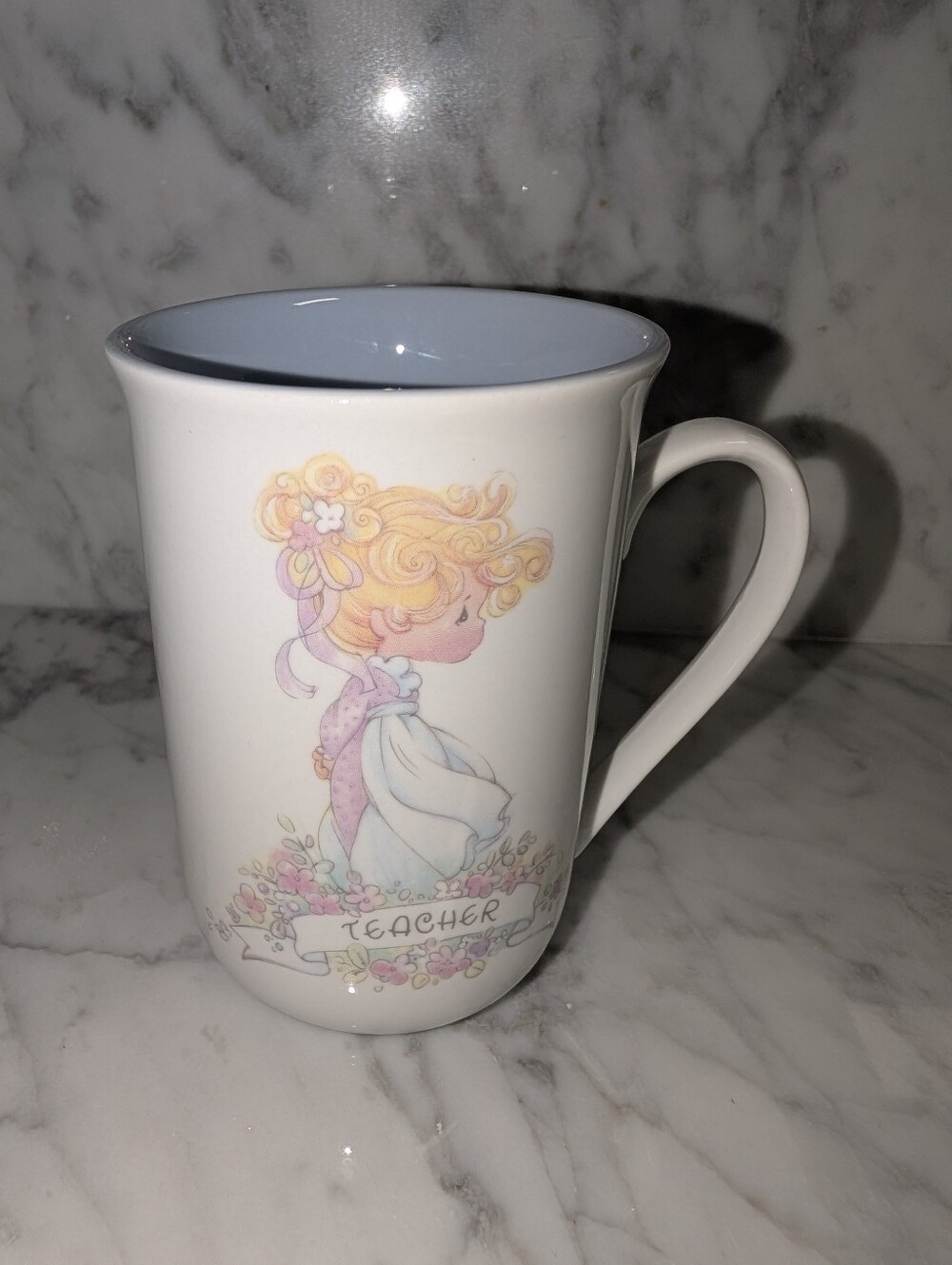 🪻 Precious Moments Teacher Gift 1990 Ceramic Coffee Tea Mug - White Blue Lining